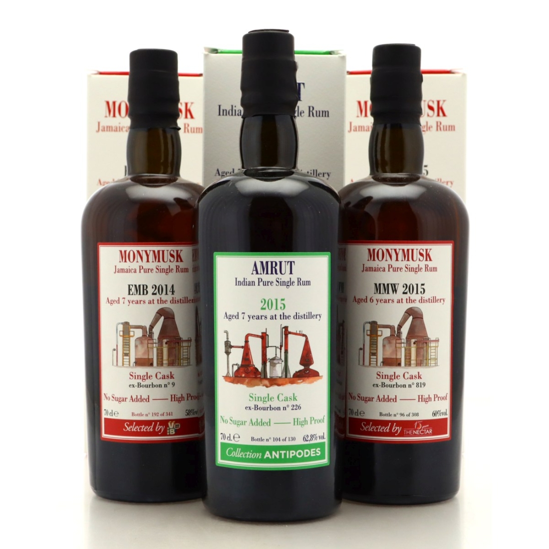 Image for Amrut & Monymusk Habitation Velier Single Casks 3 x 70cl